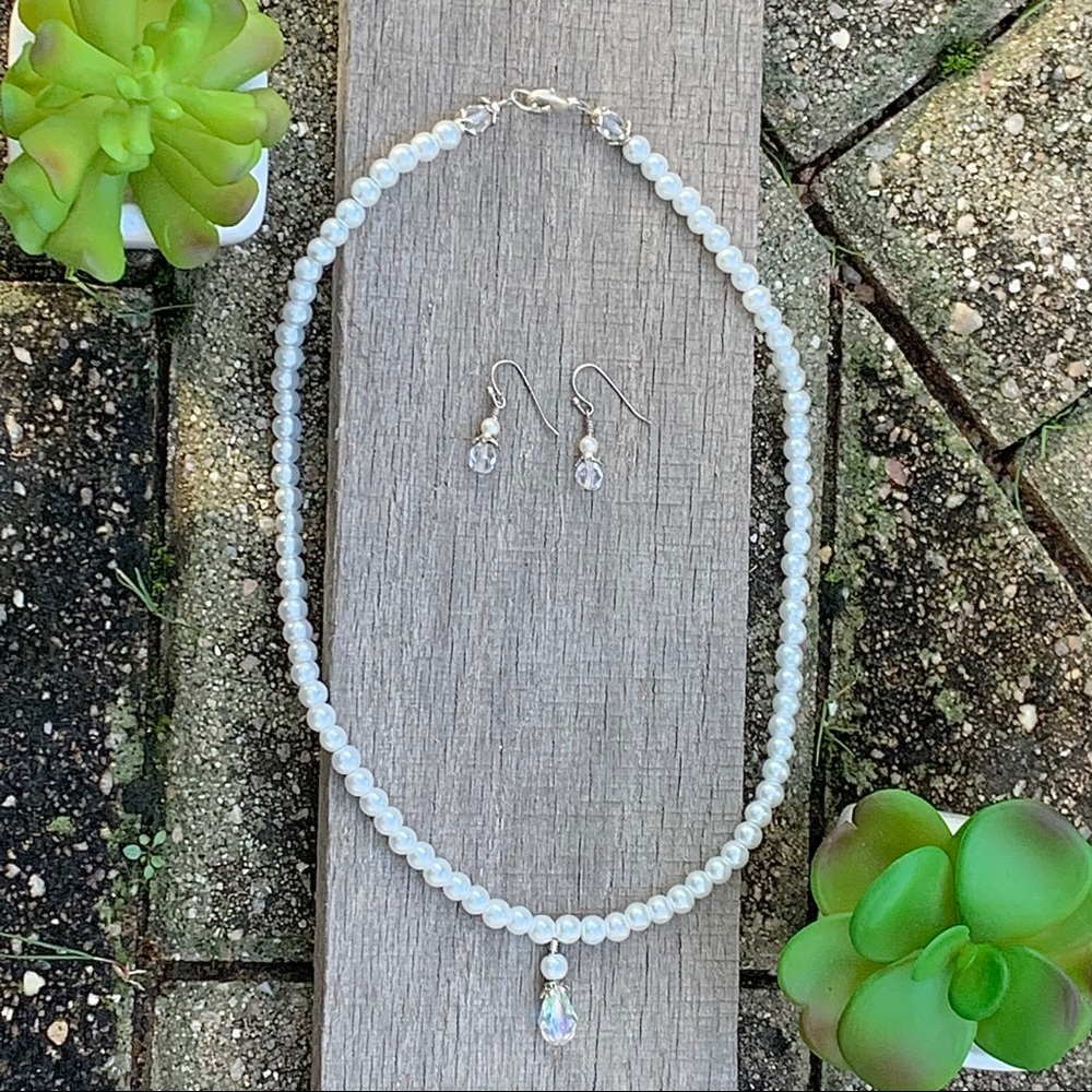 Hand Crafted Faux Pearl Necklace & Earring Set